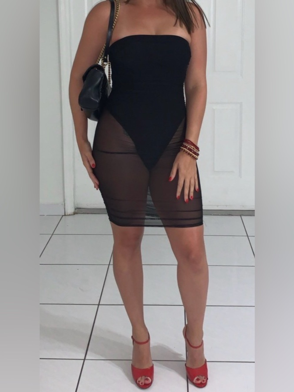 Strapless Black Sheer Mesh Midi Dress